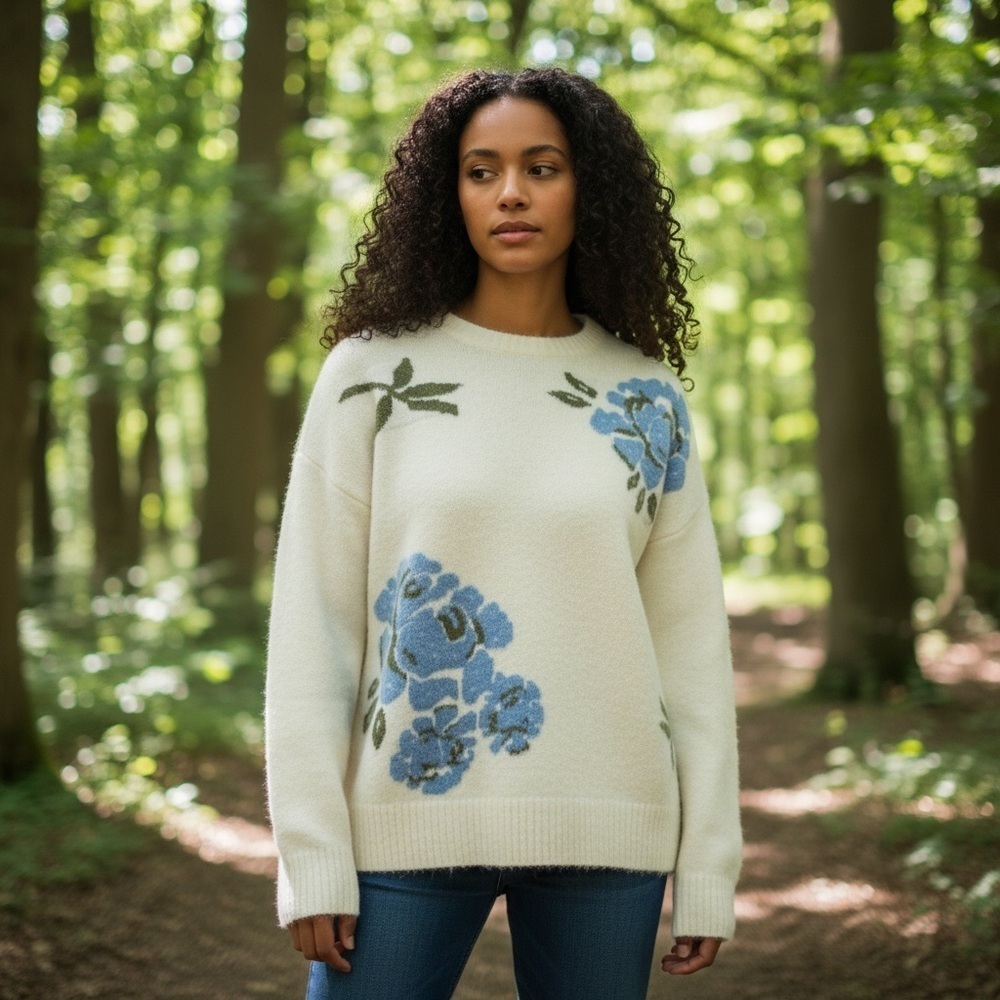 NWT New $175 Ted Baker Floral Crew Neck Wool Blend Sweater Size L